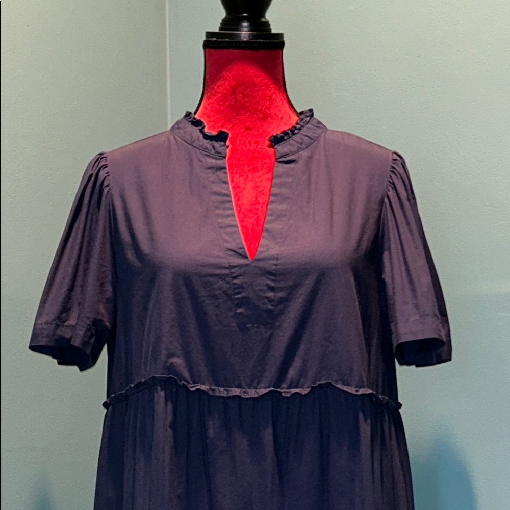 Navy Tiered Ruffle Neck Short Sleeve Dress Size Medium - Picture 2 of 16
